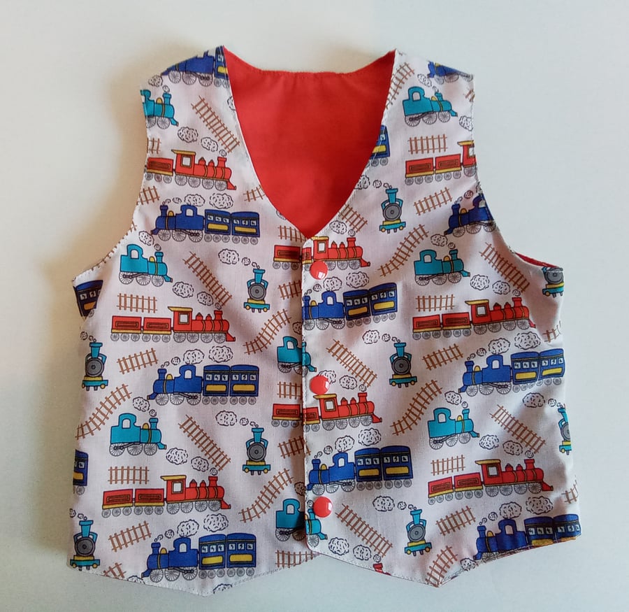 Age 18 months waistcoat, boys waistcoat, Trains, reversible waistcoat 