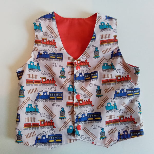 Age 18 months waistcoat, boys waistcoat, Trains, reversible waistcoat 