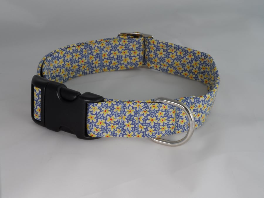 Handmade Liberty Fabric Dog Collar - Blue-Yellow Flowers - Medium