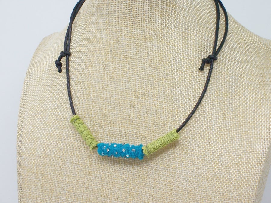 Sold. Fabric bead necklace with waxed cotton cord - Suva