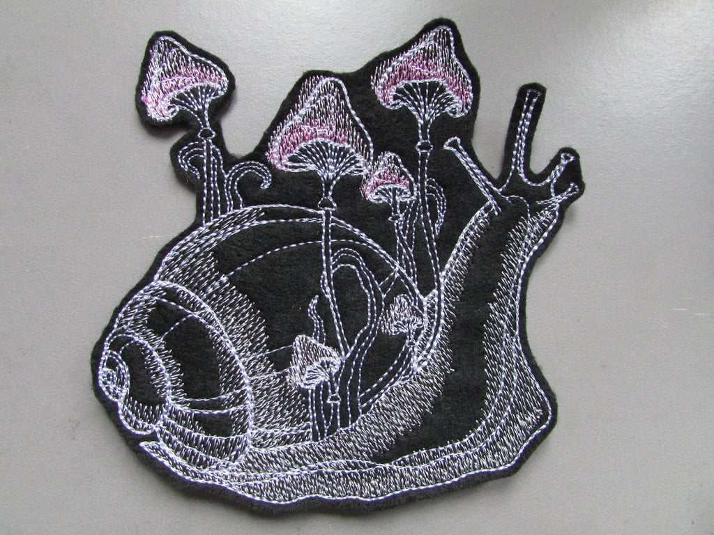 Snail with Mushrooms Fungi Embroidered Sew on Applique Patch