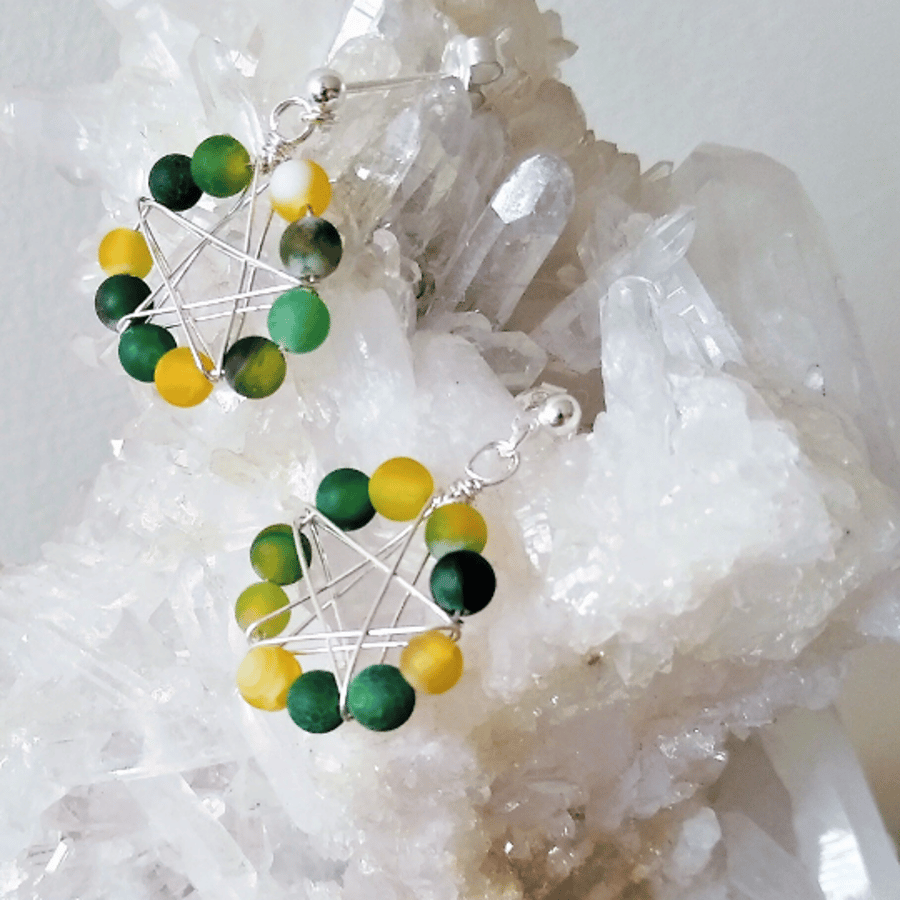 Green & Yellow Agate Pentacle Symbol Earring