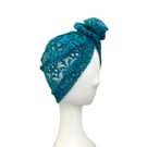 Teal Blue Soft Lace Rosette Turban Hat for Women