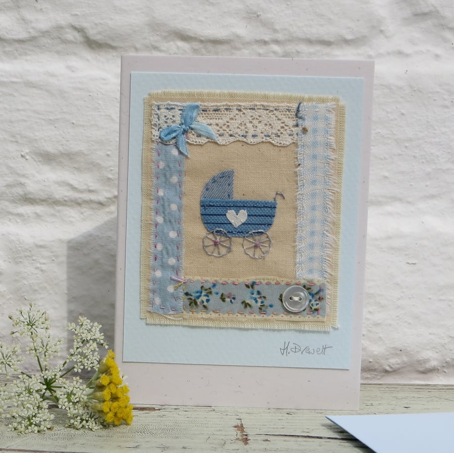 Little pram embroidery on card to welcome a precious new baby boy 