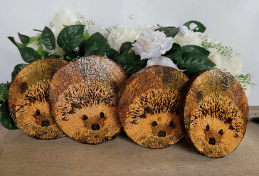 Decoupage Wood Slice Hedgehog Coasters