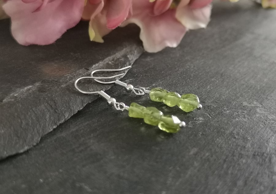Peridot chip earrings with silver plated ear wires, August birthstone 