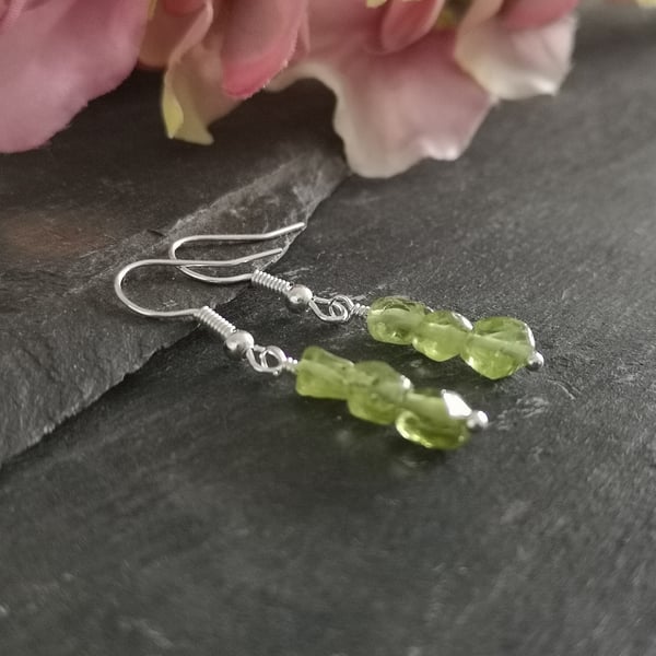 Peridot chip earrings with silver plated ear wires, August birthstone 