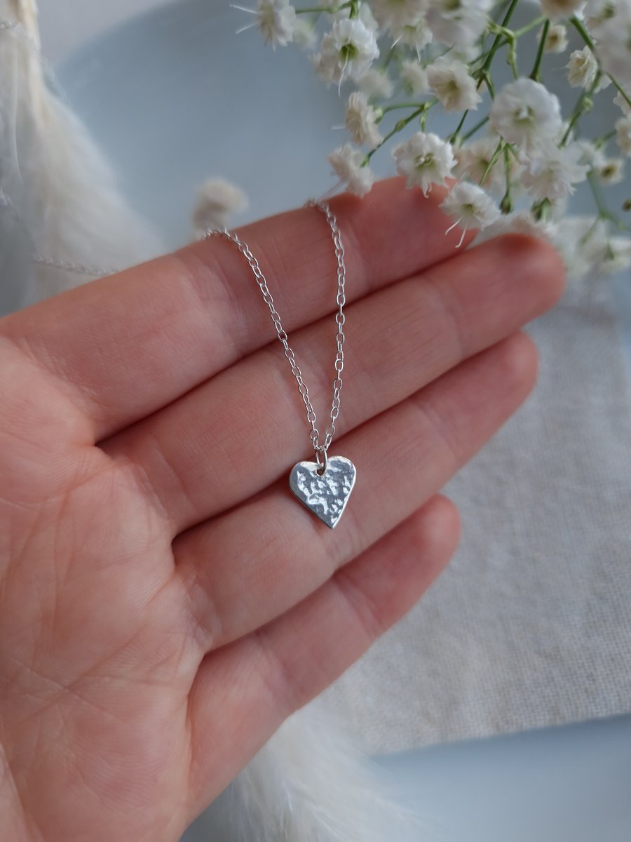 Dainty love heart necklace in hammered recycled sterling silver