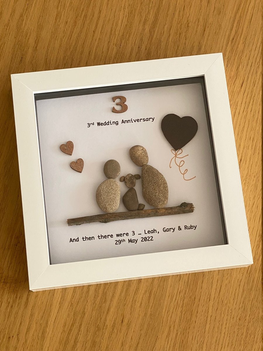 Couple with Dog Anniversary Gift, Pebble Artwork Frame, Wedding Anniversary Gift