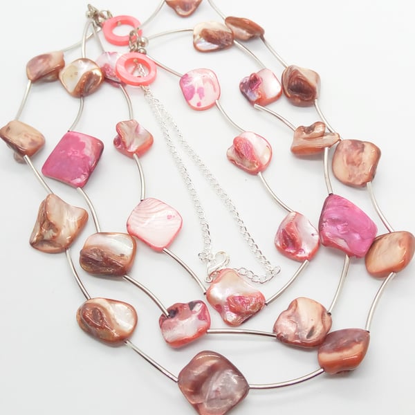 Pinky Brown Shell and Silver Spacer 3 Strand Necklace, Gift for Her