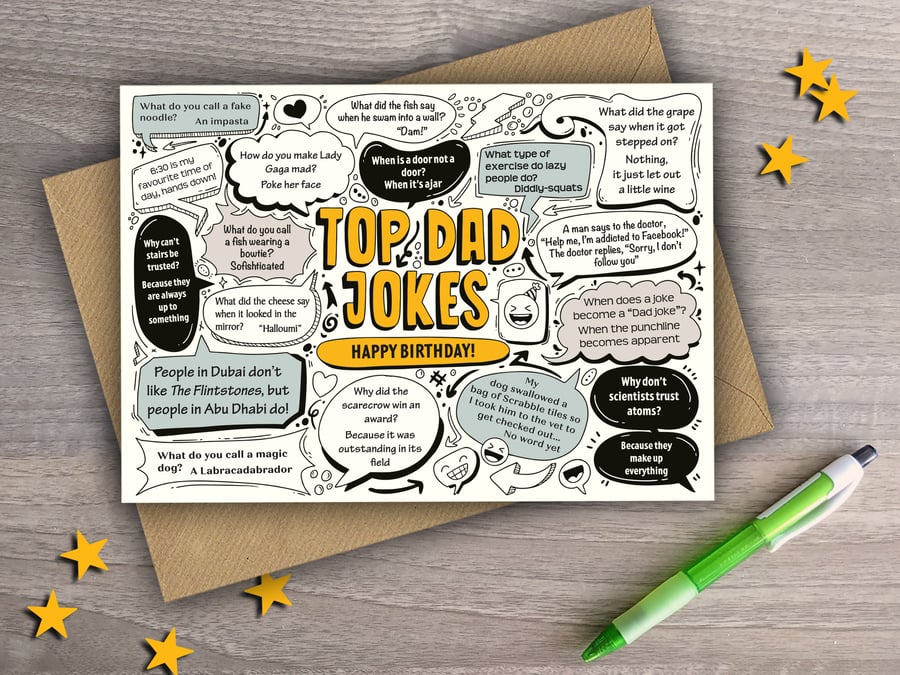 TOP DAD JOKES Happy Birthday Card Funny, Silly, Comedy, Humour