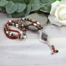 Long Mixed Earth Tones Gemstone Tassle Necklace with Sterling Silver Accents 
