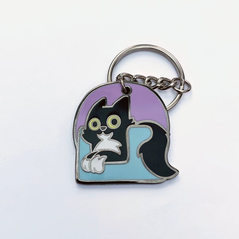 Tuxedo cat on chair keyring, Hard enamel sweet pastel keyring, Cat lover gift