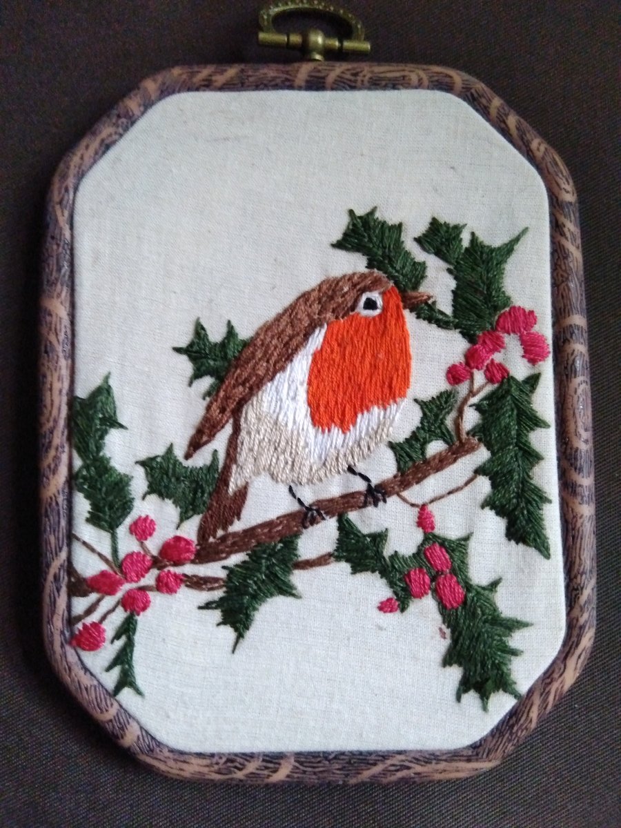 Robin on Holly Embroidery