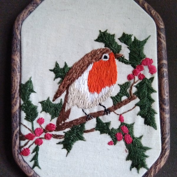 Robin on Holly Embroidery