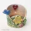 pottery bird woodland scene candle holder ceramic dish trinket pot