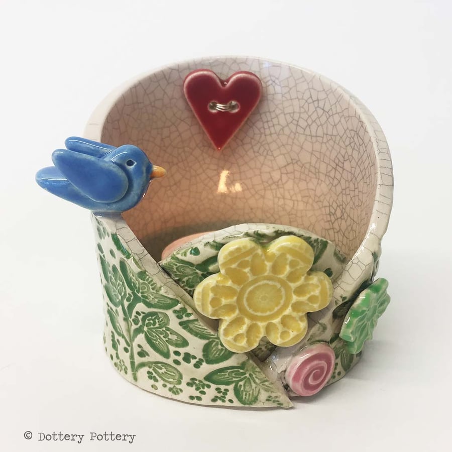 pottery bird woodland scene candle holder ceramic dish trinket pot