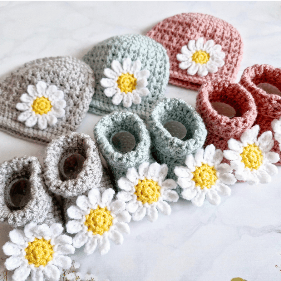 Crochet Baby Hat & Booties Daisy Set for Newborn to 6 Months