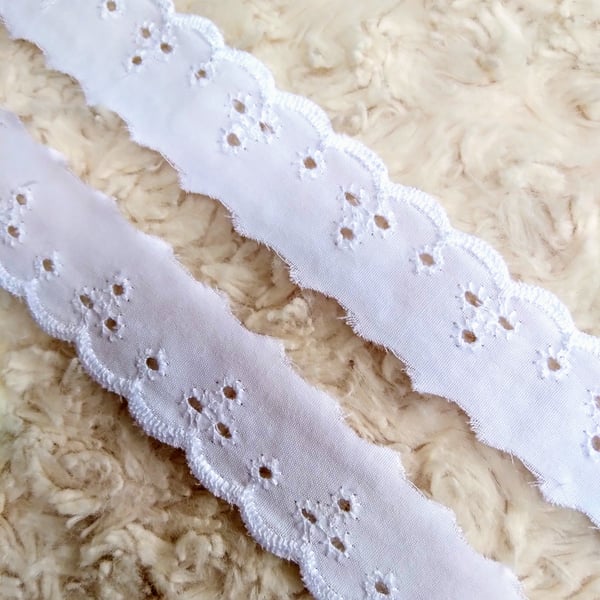 3 metres 2.5cm wide WHITE cotton BRODERIE ANGLAISE trim for sewing