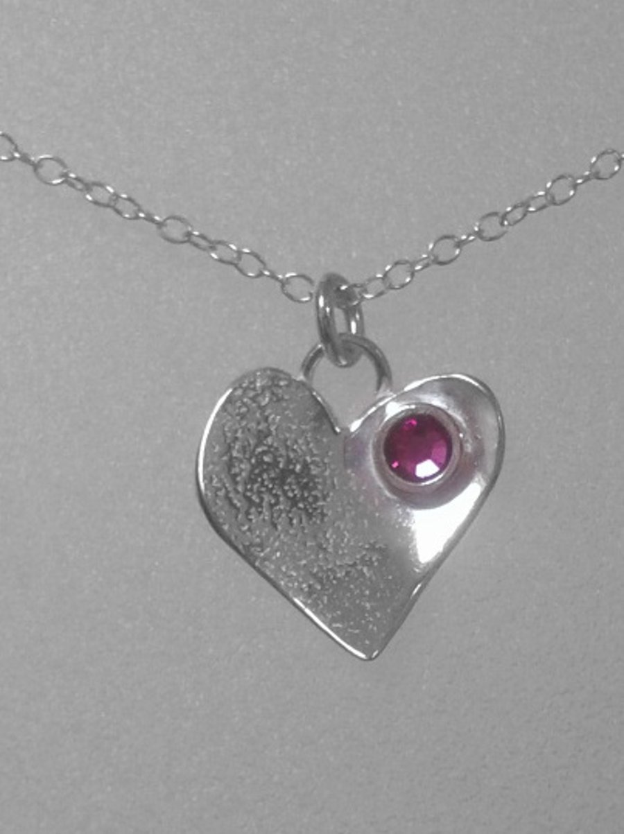 Textured Sterling Silver Heart Pendant with Fuchsia Swarovski Crystal,  P118