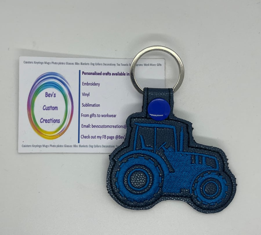 Embroidered Tractor Key ring Blue