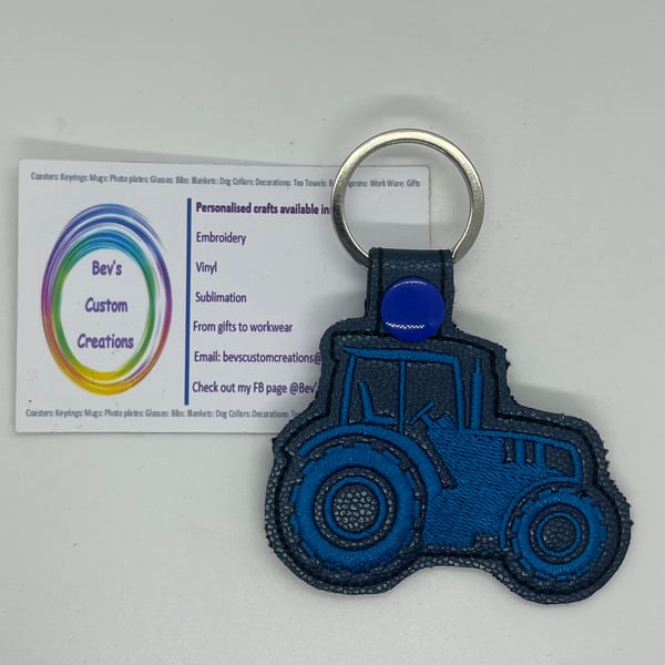Embroidered Tractor Key ring Blue