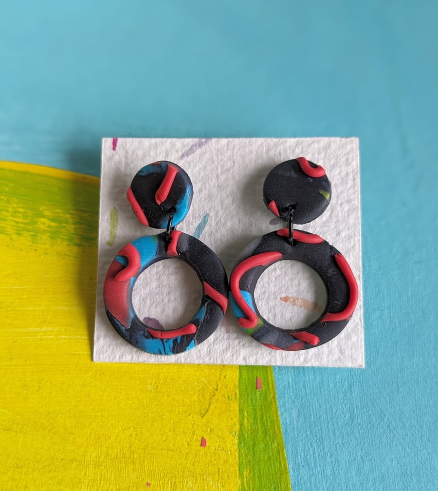 Dangly earrings, textured, navy blueblack earrings, red, and blue polymer clay