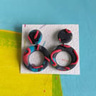 Dangly earrings, textured, navy blueblack earrings, red, and blue polymer clay