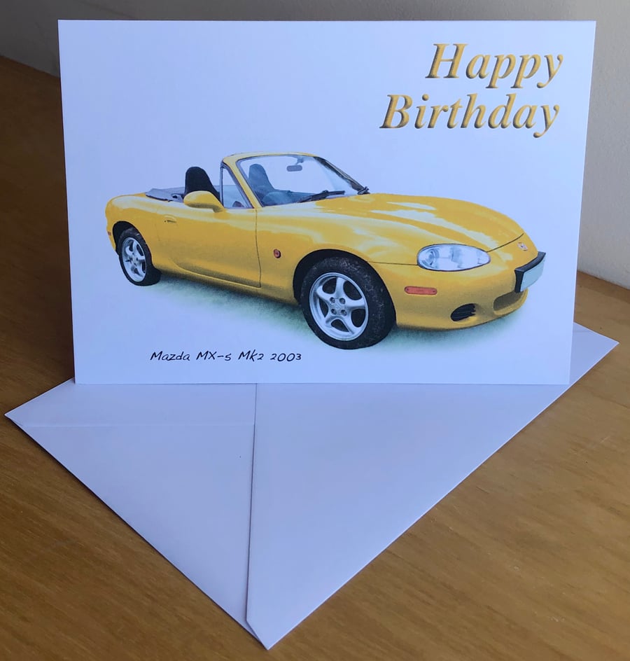 Mazda MX5 Mk2 2003 (Yellow) - Birthday, Anniversary, Retirement or Plain Card