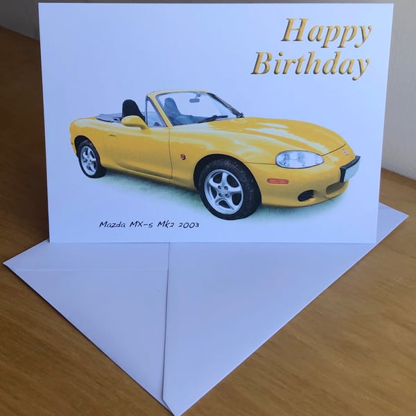 Mazda MX5 Mk2 2003 (Yellow) - Birthday, Anniversary, Retirement or Plain Card
