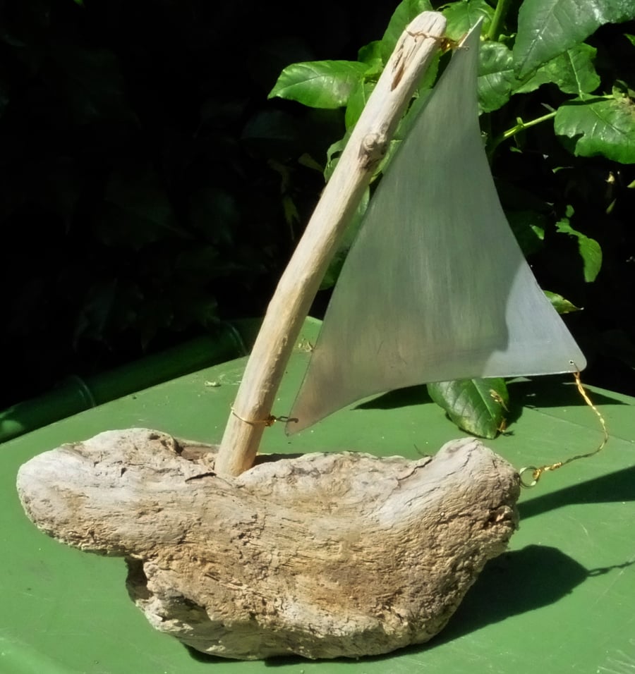 Natural rustic driftwood yatch or sailing boat decoration for seaside cottage