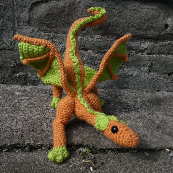 Crochet Juvenile Dragon Doll - Orange and Lime