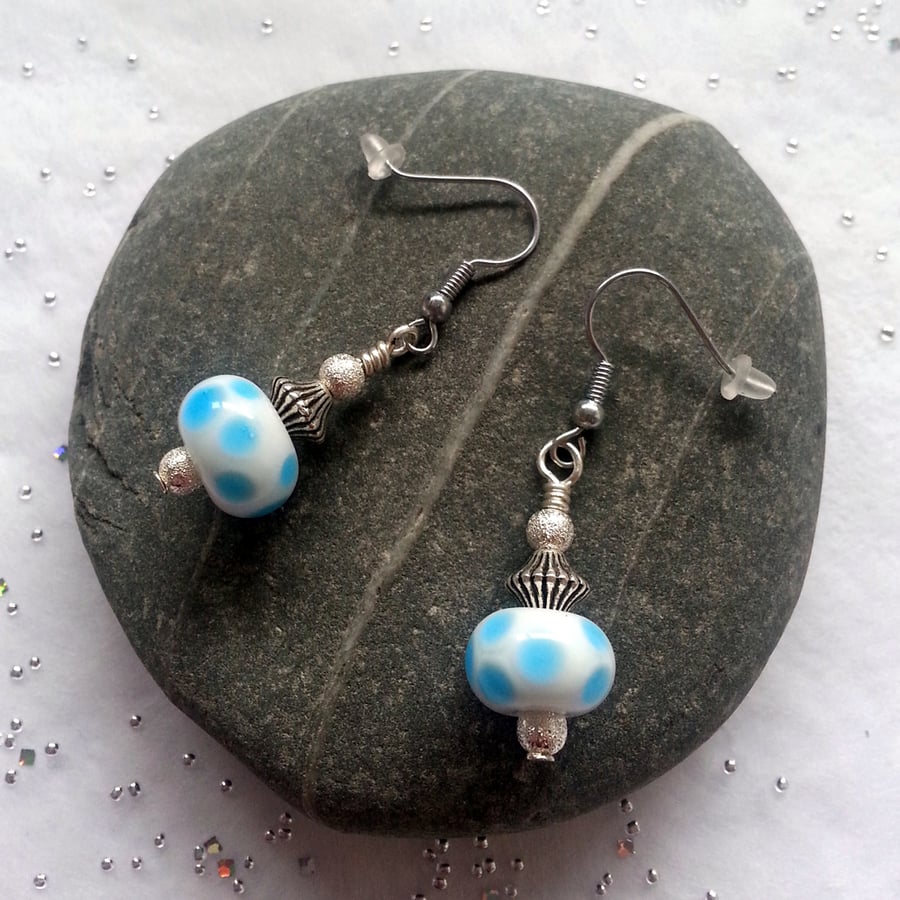 Blue and White Glass Bead Earrings - Spotty Handmade Drop Earrings
