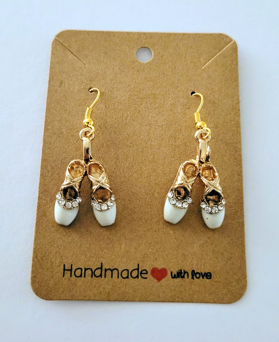 Gold & White Ballet Shoe Charm Dangle Earrings on Gold Plated Earring Hooks