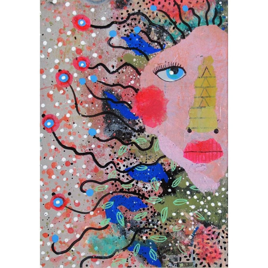 Outsider Art Brut Portrait Painting Pink Face Ready Mounted Small Artwork