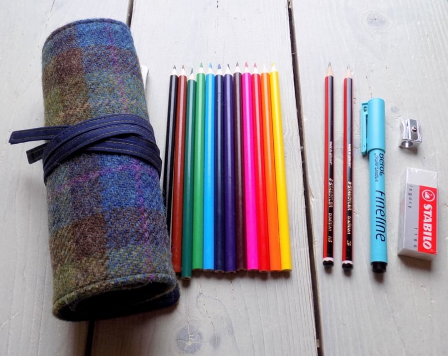 Harris Tweed pencils roll in blue, olive green and brown. Includes pencils