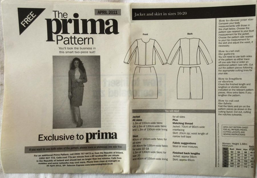 A multi-size sewing pattern for a woman's lined two-piece suit in sizes 10 - 20