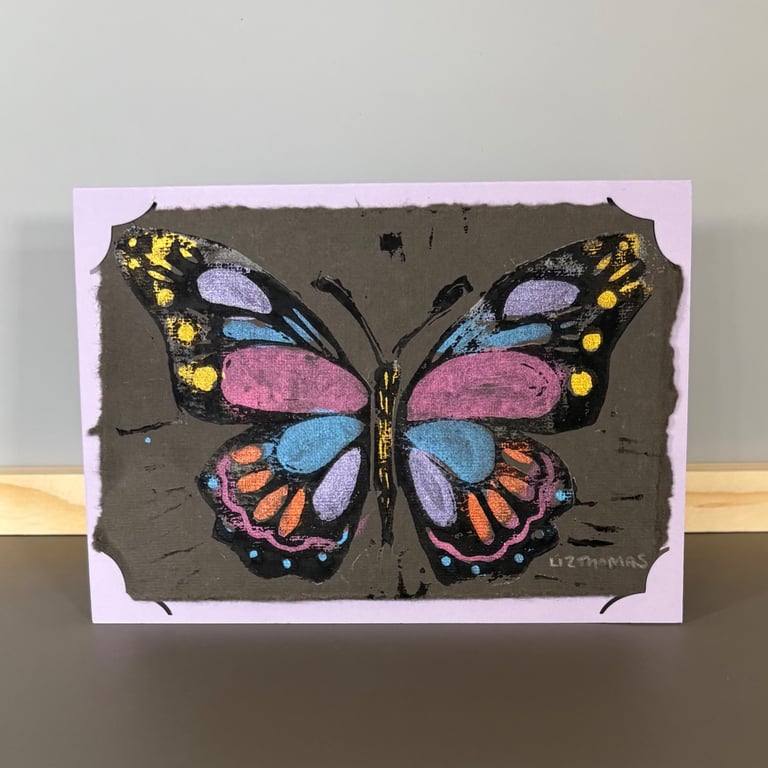 Greetings Card -Hand Printed Painted Butterfly Gold Tip Wings
