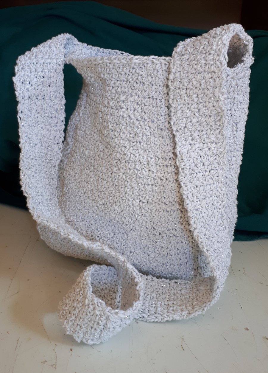 Crocheted White silver cotton bakers twine cord shoulder strap handbag 