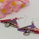   Japanese paper triangle earrings: flowers, mountains, clouds - red and purple