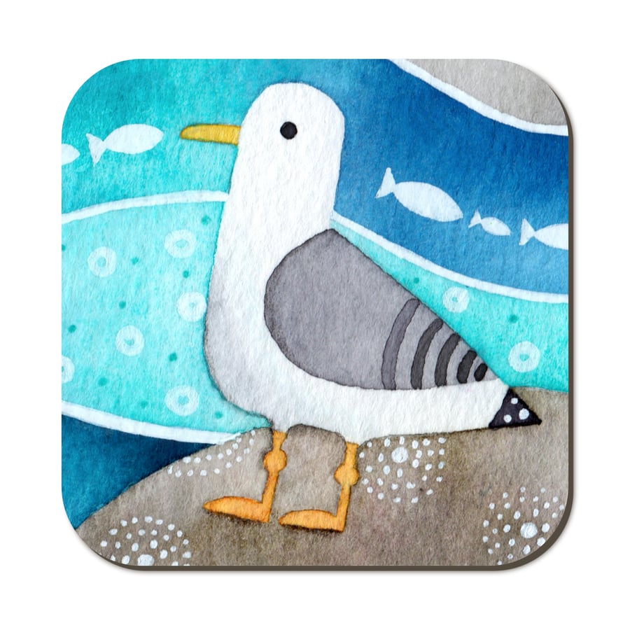 Seagull Coaster. Cute Seaside Watercolour Painting. Nautical Coastal Decor