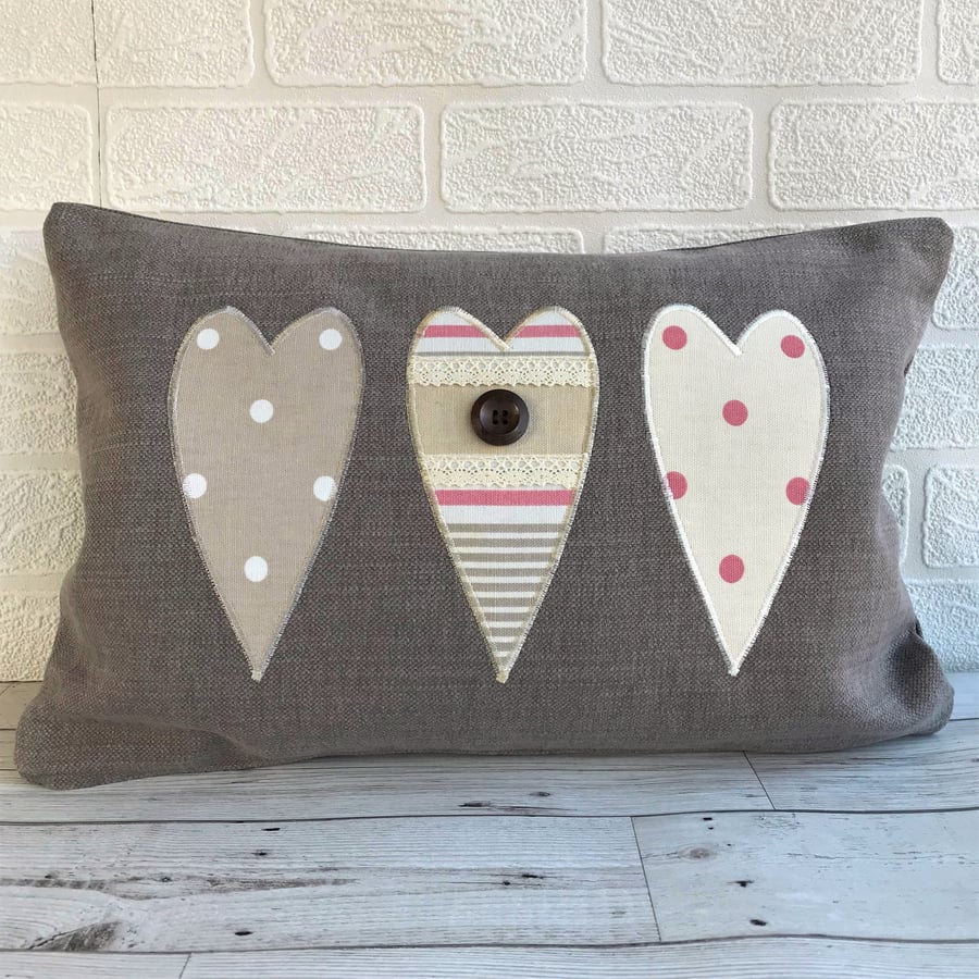 Triple hearts rectangular shabby chic cushion with stripes and polka dot hearts