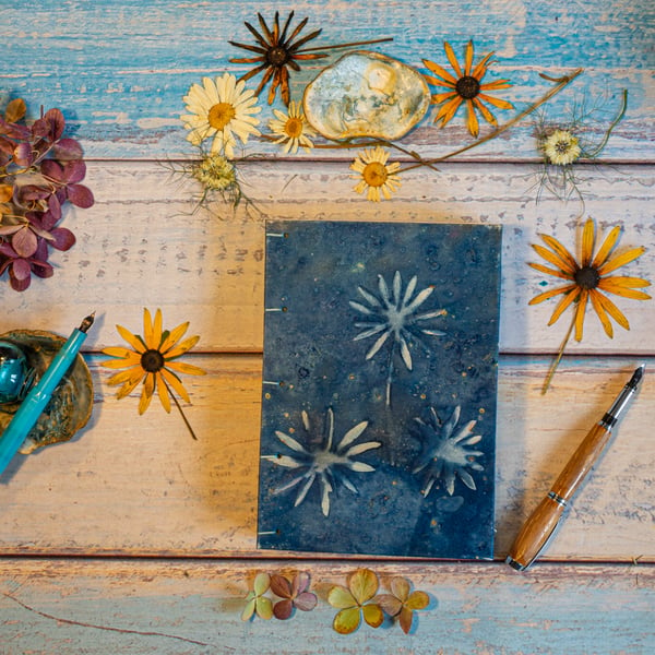 Simply Daisies from My Garden, Cyanotype A5 Hand Bound Journal (Folksy052)