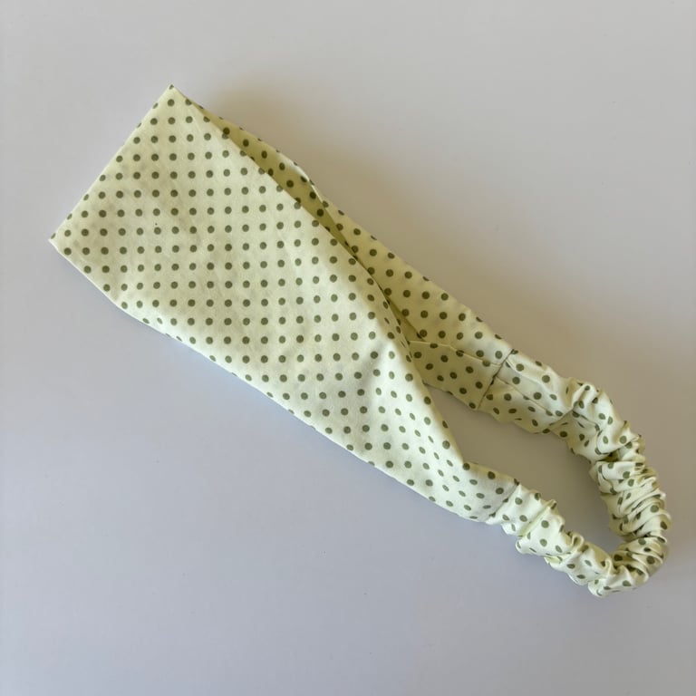 Cotton wide flat headband, yoga headband, in cream with green polka dots