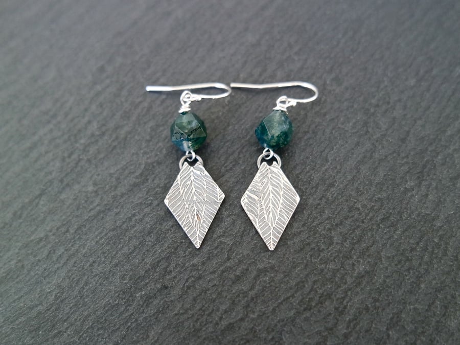 Silver Feather Gemstone Earrings - Moss Agate pure silver