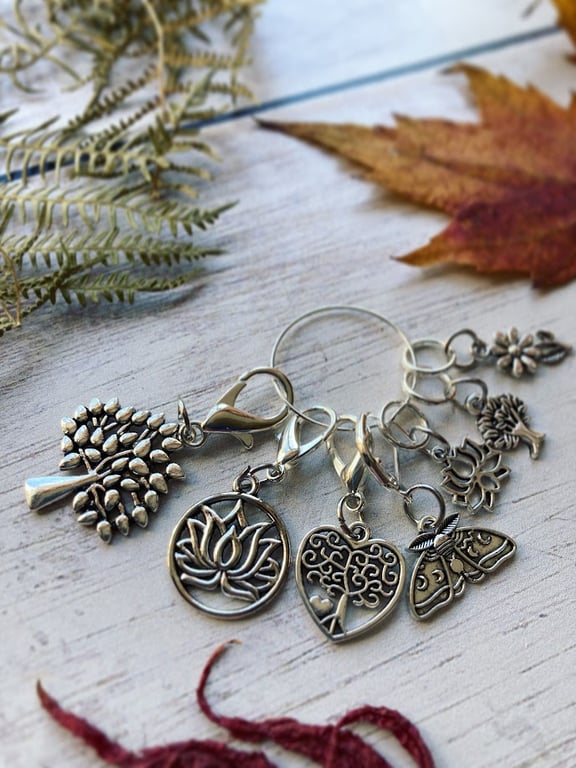 Stitch markers for crochet & knitting trees, flowers, moth set of 7