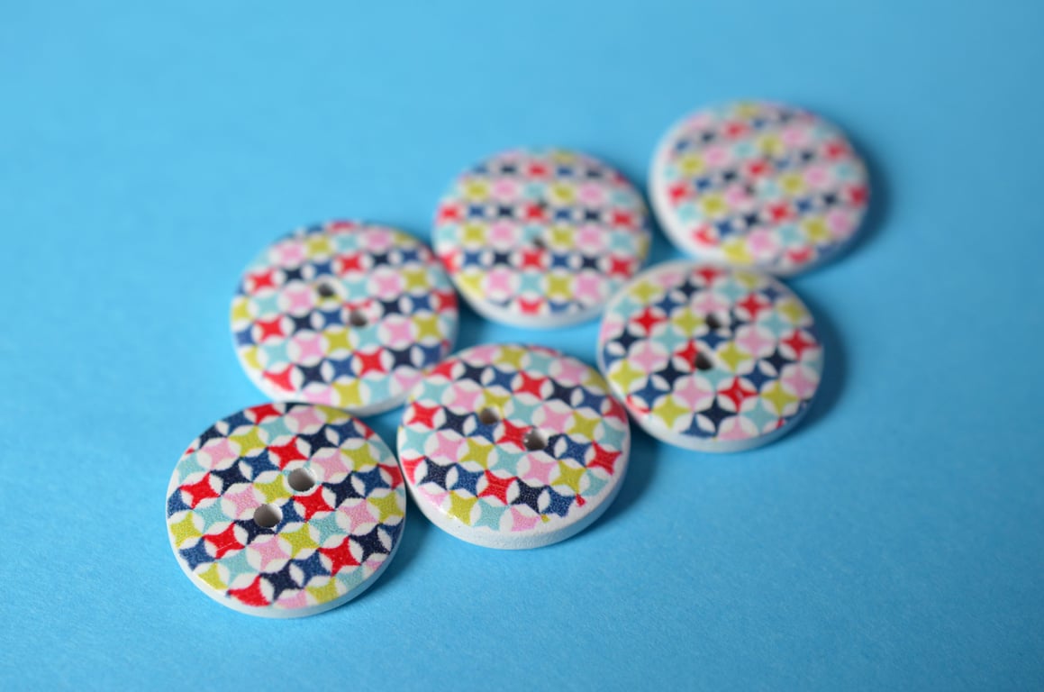 Wooden Multi Coloured Retro Geometric Buttons 6pk 20mm (MZ13)