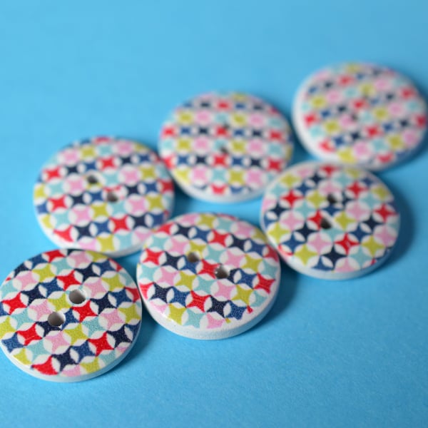 Wooden Multi Coloured Retro Geometric Buttons 6pk 20mm (MZ13)