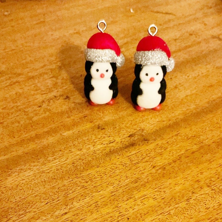 Cute Upcycled Christmas Penguin Drop Dangle Earrings 
