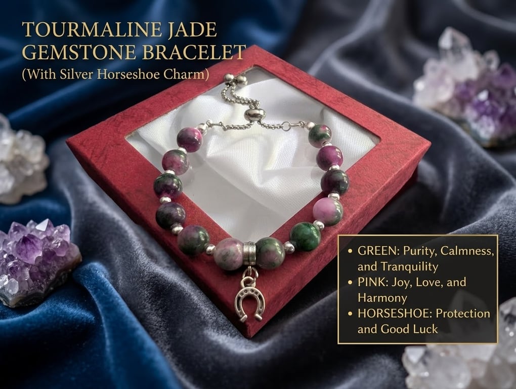 Tourmaline Jade Gemstone Bracelet with Silver Horseshoe Charm – Adjustable Slide